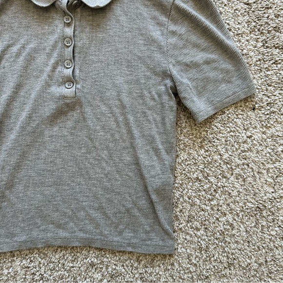 Grey Cropped Polo Henley Ribbed T-Shirt - Picture 2 of 2